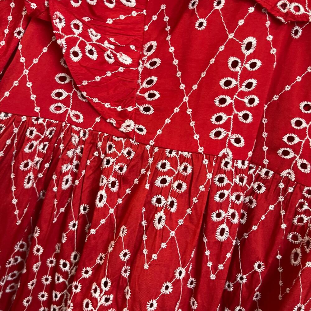 Zara Red Dress with Eyelet Embroidery Midi Length Size Small - Picture 5 of 16
